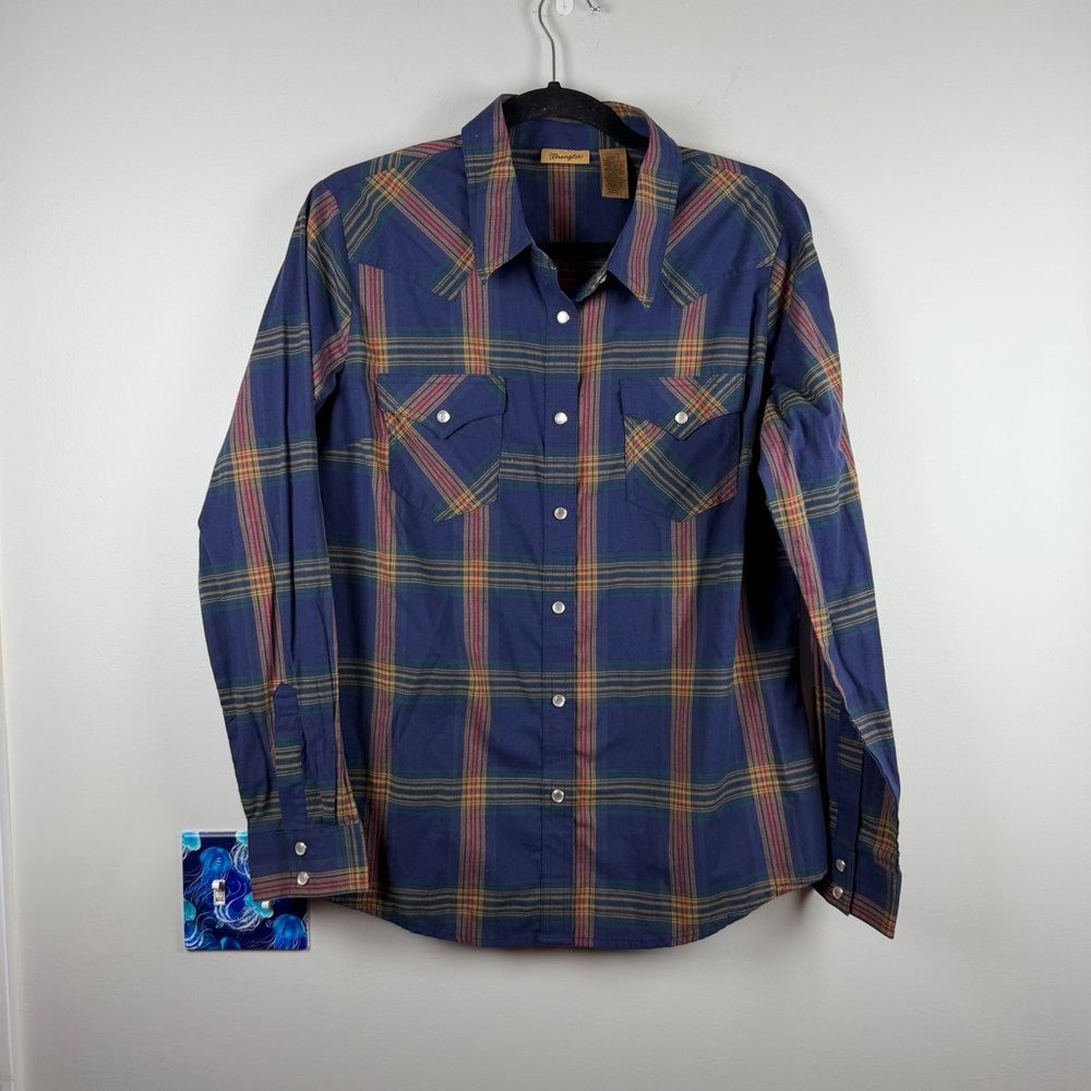 Women’s Wrangler Blue Plaid Pearl Snap Button Down Western LS Shirt Large